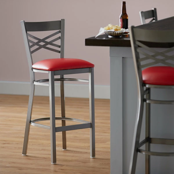 Lancaster Table & Seating Clear Coat Finish Cross Back Bar Stool With 2 1/2" Red Vinyl Padded Seat 1 Lancaster Table & Seating Clear Coat Finish Cross Back Bar Stool With 2 1/2" Red Vinyl Padded Seat