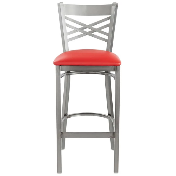 Lancaster Table & Seating Clear Coat Finish Cross Back Bar Stool With 2 1/2" Red Vinyl Padded Seat 5 Lancaster Table & Seating Clear Coat Finish Cross Back Bar Stool With 2 1/2" Red Vinyl Padded Seat - Image 5