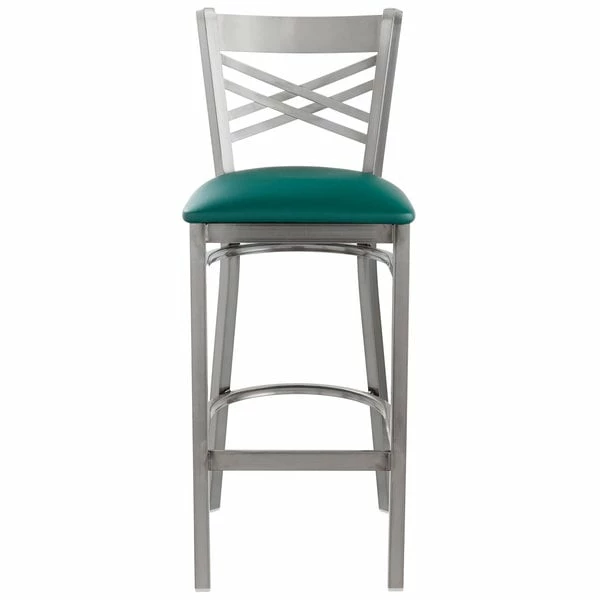 Lancaster Table & Seating Clear Coat Finish Cross Back Bar Stool With 2 1/2" Green Vinyl Padded Seat 5 Lancaster Table & Seating Clear Coat Finish Cross Back Bar Stool With 2 1/2" Green Vinyl Padded Seat - Image 5