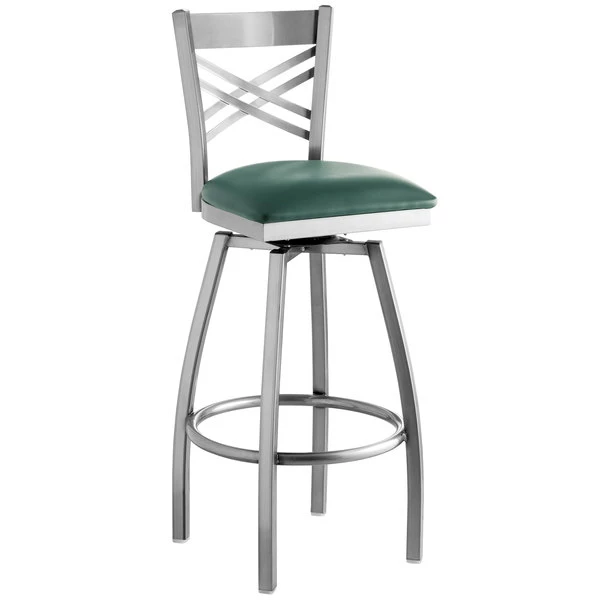 Lancaster Table & Seating Clear Coat Finish Cross Back Swivel Bar Stool With 2 1/2" Green Vinyl Padded Seat 2 Lancaster Table & Seating Clear Coat Finish Cross Back Swivel Bar Stool With 2 1/2" Green Vinyl Padded Seat - Image 2