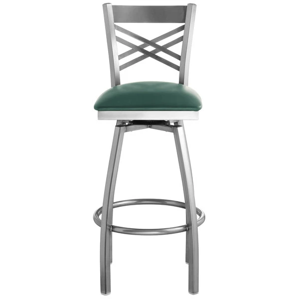 Lancaster Table & Seating Clear Coat Finish Cross Back Swivel Bar Stool With 2 1/2" Green Vinyl Padded Seat 4 Lancaster Table & Seating Clear Coat Finish Cross Back Swivel Bar Stool With 2 1/2" Green Vinyl Padded Seat - Image 4