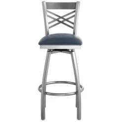 Lancaster Table & Seating Clear Coat Finish Cross Back Swivel Bar Stool With 2 1/2" Navy Vinyl Padded Seat -Lancaster Table & Seating Shop 1867077