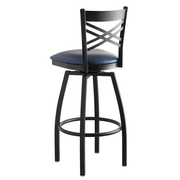 Lancaster Table & Seating Black Finish Cross Back Swivel Bar Stool With 2 1/2" Navy Vinyl Padded Seat 3 Lancaster Table & Seating Black Finish Cross Back Swivel Bar Stool With 2 1/2" Navy Vinyl Padded Seat - Image 3
