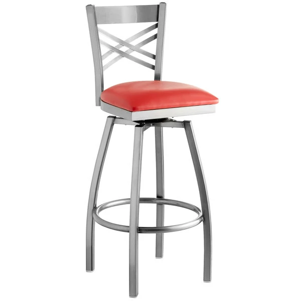 Lancaster Table & Seating Clear Coat Finish Cross Back Swivel Bar Stool With 2 1/2" Red Vinyl Padded Seat 2 Lancaster Table & Seating Clear Coat Finish Cross Back Swivel Bar Stool With 2 1/2" Red Vinyl Padded Seat - Image 2