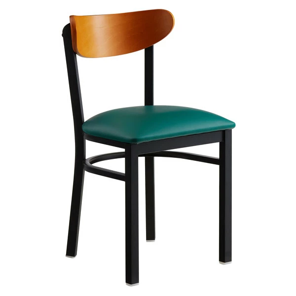 LT&S Boomerang Series Lancaster Table & Seating Boomerang Black Finish Chair With 2 1/2" Green Vinyl Padded Seat And Cherry Wood Back 2 LT&S Boomerang Series Lancaster Table & Seating Boomerang Black Finish Chair With 2 1/2" Green Vinyl Padded Seat And Cherry Wood Back - Image 2