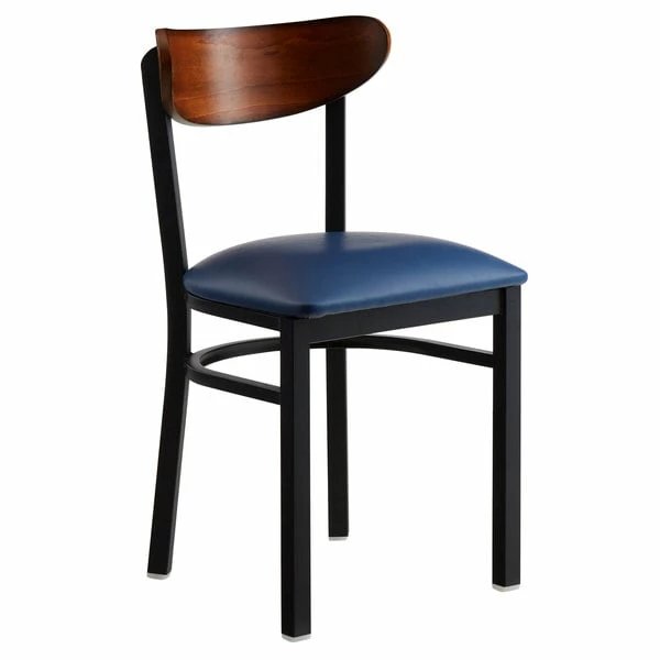 LT&S Boomerang Series Lancaster Table & Seating Boomerang Black Finish Chair With 2 1/2" Navy Vinyl Padded Seat And Antique Walnut Wood Back 2 LT&S Boomerang Series Lancaster Table & Seating Boomerang Black Finish Chair With 2 1/2" Navy Vinyl Padded Seat And Antique Walnut Wood Back - Image 2