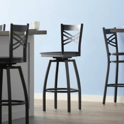 Lancaster Table & Seating Black Finish Cross Back Swivel Bar Stool With Black Wood Seat