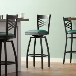 Lancaster Table & Seating Black Finish Cross Back Swivel Bar Stool With 2 1/2" Green Vinyl Padded Seat