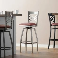 Lancaster Table & Seating Clear Coat Finish Cross Back Swivel Bar Stool With 2 1/2" Burgundy Vinyl Padded Seat