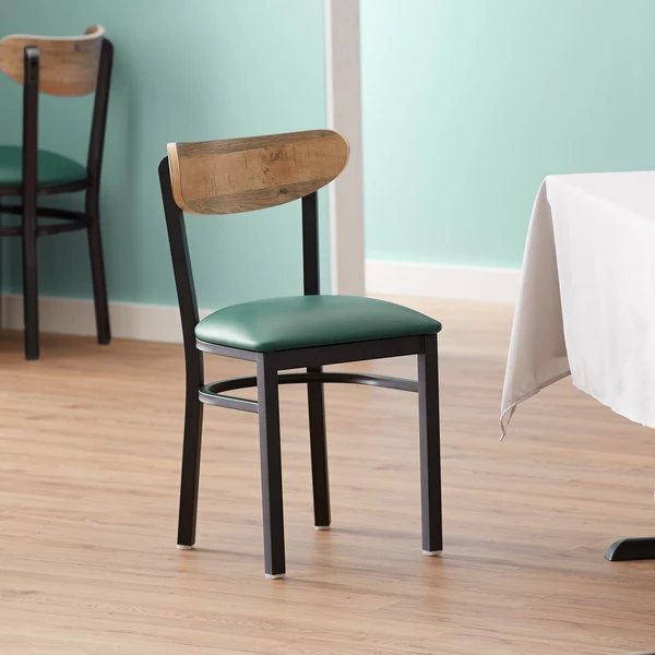 LT&S Boomerang Series Lancaster Table & Seating Boomerang Black Finish Chair With 2 1/2" Green Vinyl Padded Seat And Driftwood Back 1 LT&S Boomerang Series Lancaster Table & Seating Boomerang Black Finish Chair With 2 1/2" Green Vinyl Padded Seat And Driftwood Back