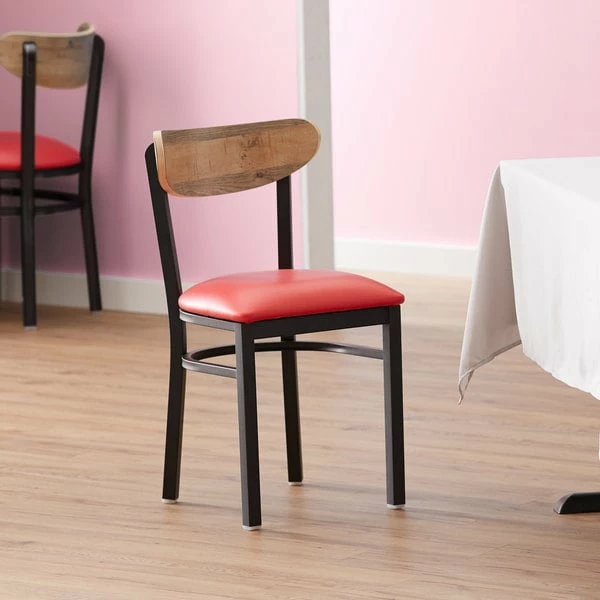 LT&S Boomerang Series Lancaster Table & Seating Boomerang Black Finish Chair With 2 1/2" Red Vinyl Padded Seat And Driftwood Back 1 LT&S Boomerang Series Lancaster Table & Seating Boomerang Black Finish Chair With 2 1/2" Red Vinyl Padded Seat And Driftwood Back