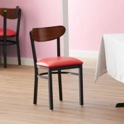 LT&S Boomerang Series Lancaster Table & Seating Boomerang Black Finish Chair With 2 1/2" Red Vinyl Padded Seat And Antique Walnut Wood Back