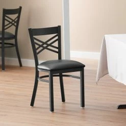 Lancaster Table & Seating Black Finish Cross Back Chair With 2 1/2" Black Vinyl Padded Seat
