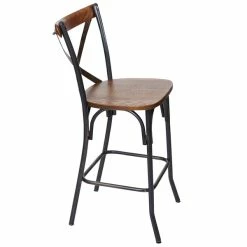 BFM Seating Henry Distressed Rustic Clear Coated Steel X-Back Counter Height Stool With Autumn Ash Wooden Back And Seat -Lancaster Table & Seating Shop 1921578