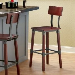 Lancaster Table & Seating Rustic Industrial Bar Height Chair With Mahogany Finish