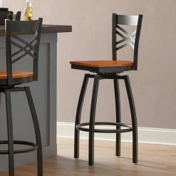 Lancaster Table & Seating Black Finish Cross Back Swivel Bar Stool With Cherry Wood Seat
