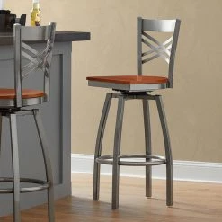 Lancaster Table & Seating Clear Coat Finish Cross Back Swivel Bar Stool With Cherry Wood Seat
