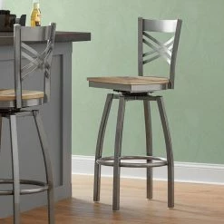 Lancaster Table & Seating Clear Coat Finish Cross Back Swivel Bar Stool With Driftwood Seat