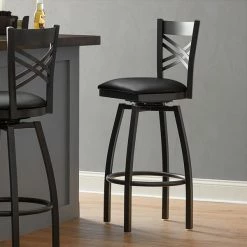 Lancaster Table & Seating Black Finish Cross Back Swivel Bar Stool With 2 1/2" Black Vinyl Padded Seat