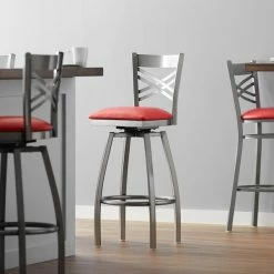 Lancaster Table & Seating Clear Coat Finish Cross Back Swivel Bar Stool With 2 1/2" Red Vinyl Padded Seat