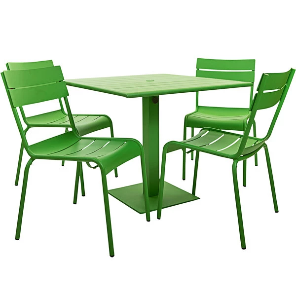 BFM Seating Beachcomber 32" Square Lime Powder Coated Aluminum Dining Height Outdoor / Indoor Table With Umbrella Hole And 4 Chairs 1 BFM Seating Beachcomber 32" Square Lime Powder Coated Aluminum Dining Height Outdoor / Indoor Table With Umbrella Hole And 4 Chairs