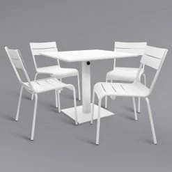 BFM Seating Beachcomber 32" Square White Powder Coated Aluminum Dining Height Outdoor / Indoor Table With Umbrella Hole And 4 Chairs