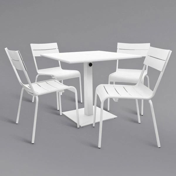 BFM Seating Beachcomber 32" Square White Powder Coated Aluminum Dining Height Outdoor / Indoor Table With Umbrella Hole And 4 Chairs 1 BFM Seating Beachcomber 32" Square White Powder Coated Aluminum Dining Height Outdoor / Indoor Table With Umbrella Hole And 4 Chairs