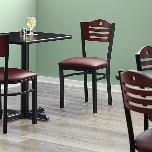 Lancaster Table & Seating Mahogany Finish Bistro Dining Chair With 1 1/2" Burgundy Padded Seat 1 Lancaster Table & Seating Mahogany Finish Bistro Dining Chair With 1 1/2" Burgundy Padded Seat