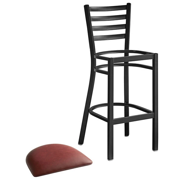 Lancaster Table & Seating Black Finish Ladder Back Bar Stool With 2 1/2" Burgundy Vinyl Padded Seat 4 Lancaster Table & Seating Black Finish Ladder Back Bar Stool With 2 1/2" Burgundy Vinyl Padded Seat - Image 4