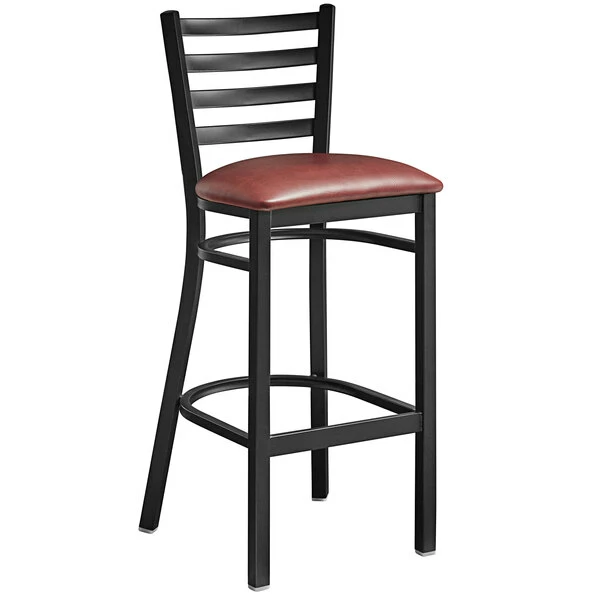 Lancaster Table & Seating Black Finish Ladder Back Bar Stool With 2 1/2" Burgundy Vinyl Padded Seat 2 Lancaster Table & Seating Black Finish Ladder Back Bar Stool With 2 1/2" Burgundy Vinyl Padded Seat - Image 2