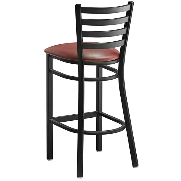 Lancaster Table & Seating Black Finish Ladder Back Bar Stool With 2 1/2" Burgundy Vinyl Padded Seat 3 Lancaster Table & Seating Black Finish Ladder Back Bar Stool With 2 1/2" Burgundy Vinyl Padded Seat - Image 3