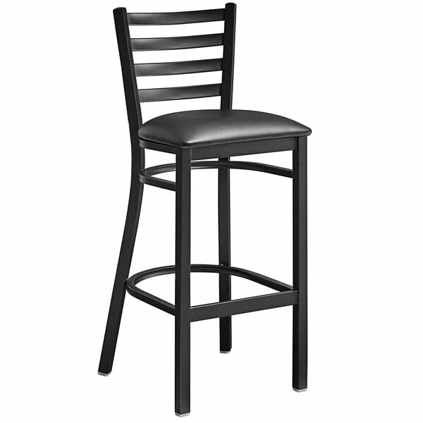 Lancaster Table & Seating Black Finish Ladder Back Bar Height Chair With 2 1/2" Black Vinyl Cushion 2 Lancaster Table & Seating Black Finish Ladder Back Bar Height Chair With 2 1/2" Black Vinyl Cushion - Image 2