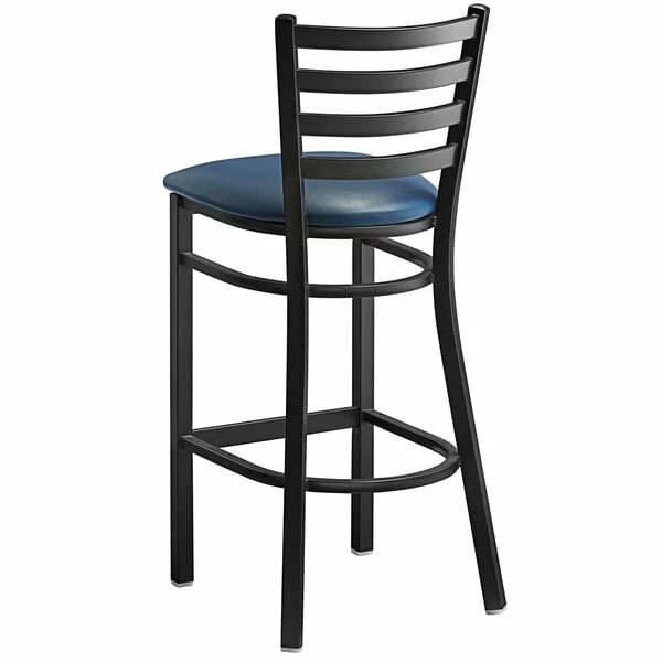 Lancaster Table & Seating Black Finish Ladder Back Bar Stool With 2 1/2" Navy Blue Vinyl Padded Seat 3 Lancaster Table & Seating Black Finish Ladder Back Bar Stool With 2 1/2" Navy Blue Vinyl Padded Seat - Image 3