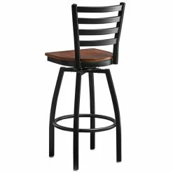 Lancaster Table & Seating Black Finish Ladder Back Swivel Bar Stool With Antique Walnut Wood Seat -Lancaster Table & Seating Shop 2078735
