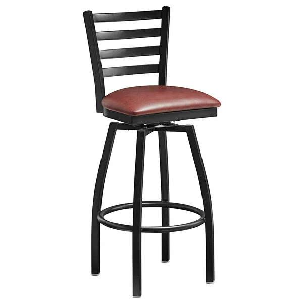 Lancaster Table & Seating Black Finish Ladder Back Swivel Bar Stool With 2 1/2" Burgundy Vinyl Padded Seat 2 Lancaster Table & Seating Black Finish Ladder Back Swivel Bar Stool With 2 1/2" Burgundy Vinyl Padded Seat - Image 2