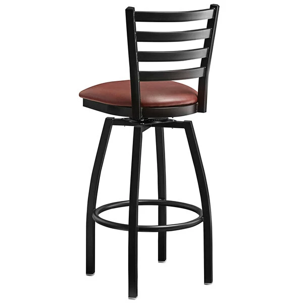 Lancaster Table & Seating Black Finish Ladder Back Swivel Bar Stool With 2 1/2" Burgundy Vinyl Padded Seat 3 Lancaster Table & Seating Black Finish Ladder Back Swivel Bar Stool With 2 1/2" Burgundy Vinyl Padded Seat - Image 3