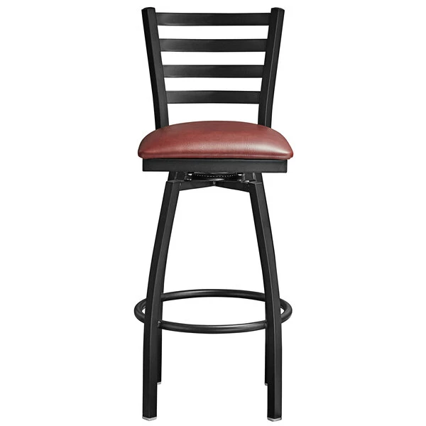 Lancaster Table & Seating Black Finish Ladder Back Swivel Bar Stool With 2 1/2" Burgundy Vinyl Padded Seat 4 Lancaster Table & Seating Black Finish Ladder Back Swivel Bar Stool With 2 1/2" Burgundy Vinyl Padded Seat - Image 4