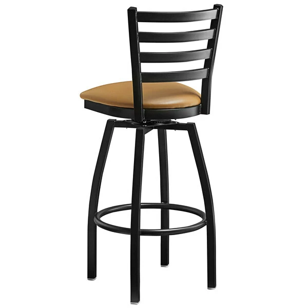 Lancaster Table & Seating Black Finish Ladder Back Swivel Bar Stool With 2 1/2" Light Brown Vinyl Padded Seat 3 Lancaster Table & Seating Black Finish Ladder Back Swivel Bar Stool With 2 1/2" Light Brown Vinyl Padded Seat - Image 3