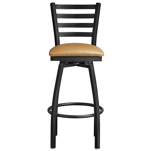 Lancaster Table & Seating Black Finish Ladder Back Swivel Bar Stool With 2 1/2" Light Brown Vinyl Padded Seat 4 Lancaster Table & Seating Black Finish Ladder Back Swivel Bar Stool With 2 1/2" Light Brown Vinyl Padded Seat - Image 4