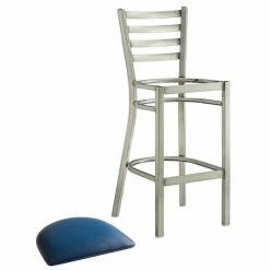 Lancaster Table & Seating Clear Coat Finish Ladder Back Bar Stool With 2 1/2" Navy Blue Vinyl Padded Seat -Lancaster Table & Seating Shop 2079609