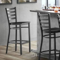Lancaster Table & Seating Black Finish Ladder Back Bar Stool With Black Wood Seat