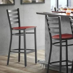 Lancaster Table & Seating Black Finish Ladder Back Bar Stool With Mahogany Wood Seat