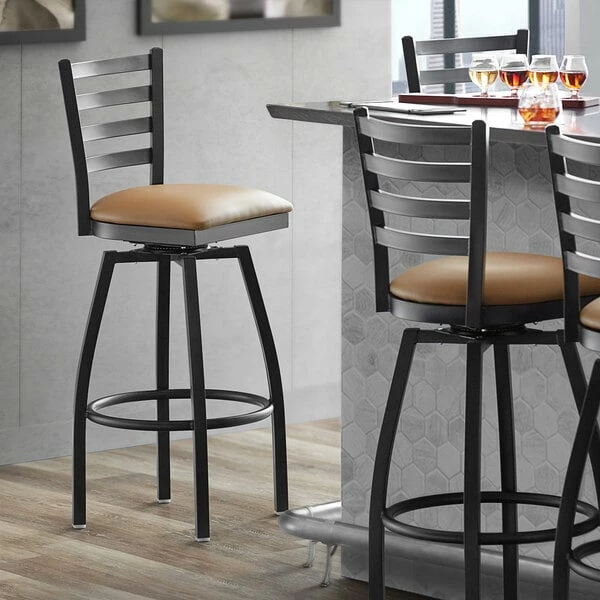 Lancaster Table & Seating Black Finish Ladder Back Swivel Bar Stool With 2 1/2" Light Brown Vinyl Padded Seat 1 Lancaster Table & Seating Black Finish Ladder Back Swivel Bar Stool With 2 1/2" Light Brown Vinyl Padded Seat