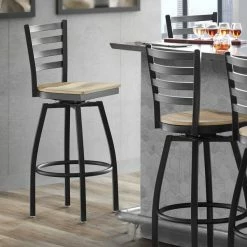 Lancaster Table & Seating Black Finish Ladder Back Swivel Bar Stool With Driftwood Seat