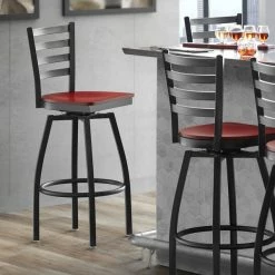 Lancaster Table & Seating Black Finish Ladder Back Swivel Bar Stool With Mahogany Wood Seat