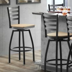 Lancaster Table & Seating Black Finish Ladder Back Swivel Bar Stool With Natural Wood Seat