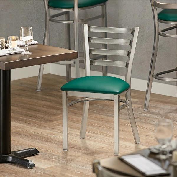 Lancaster Table & Seating Clear Coat Finish Ladder Back Chair With 2 1/2" Green Vinyl Padded Seat 1 Lancaster Table & Seating Clear Coat Finish Ladder Back Chair With 2 1/2" Green Vinyl Padded Seat