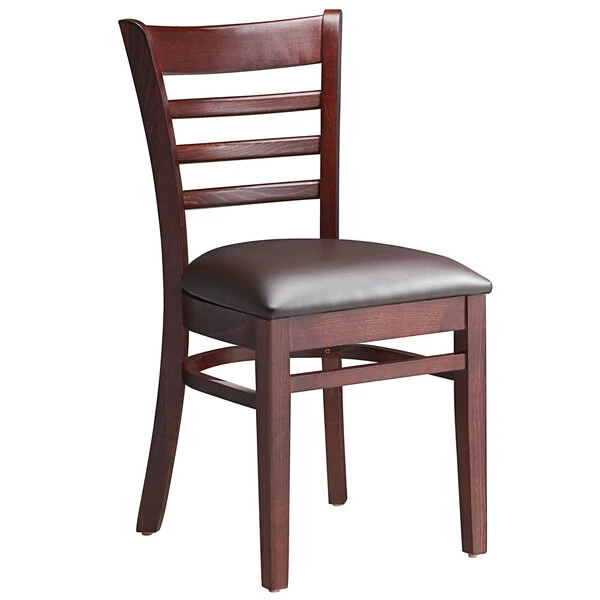 Lancaster Table & Seating Mahogany Finish Wooden Ladder Back Chair With 2 1/2" Dark Brown Padded Seat 2 Lancaster Table & Seating Mahogany Finish Wooden Ladder Back Chair With 2 1/2" Dark Brown Padded Seat - Image 2