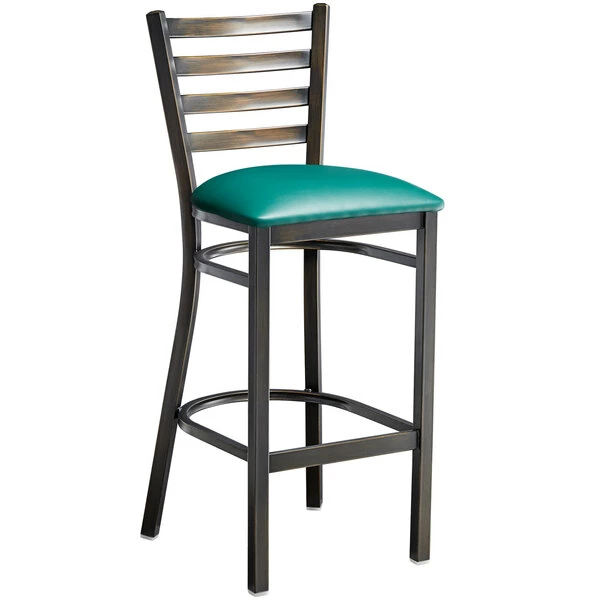 Lancaster Table & Seating Distressed Copper Finish Ladder Back Bar Stool With 2 1/2" Green Vinyl Padded Seat 2 Lancaster Table & Seating Distressed Copper Finish Ladder Back Bar Stool With 2 1/2" Green Vinyl Padded Seat - Image 2