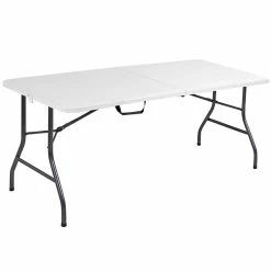 Bridgeport Essentials C678BP14WSP1 30" X 72" White Speckle Resin Fold-in-Half Blow Molded Folding Table With Steel Powder Coated Frame